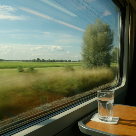 Enjoying a coffee while traveling through scenic autumn countryside seen from a train window. Train journey, autumn landscape rolling, coffee cupの写真素材