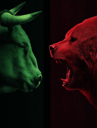 Bull and bear symbols depicting contrasting financial market movements and investment strategies. Bull and bear market financial trends conceptの写真素材