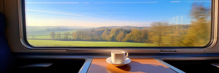 Enjoying a coffee while traveling through scenic autumn countryside seen from a train window. Train journey, European autumn landscape rolling, coffee cupの写真素材