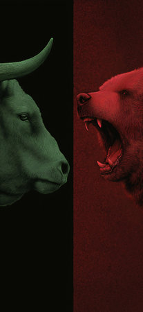 Bull and bear symbols depicting contrasting financial market movements and investment strategies. Bull and bear market financial trends conceptの写真素材