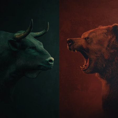 Bull and bear symbols depicting contrasting financial market movements and investment strategies. Bull and bear market financial trends conceptの写真素材