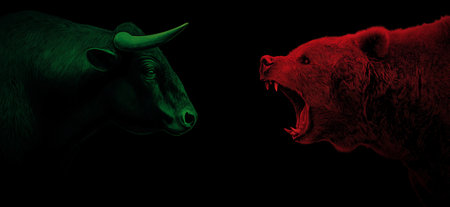 Bull and bear symbols depicting contrasting financial market movements and investment strategies. Bull and bear market financial trends conceptの写真素材