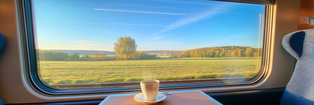Enjoying a coffee while traveling through scenic autumn countryside seen from a train window. Train journey, European autumn landscape rolling, coffee cupの写真素材