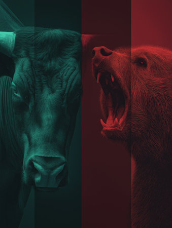 Bull and bear symbols depicting contrasting financial market movements and investment strategies. Bull and bear market financial trends conceptの写真素材