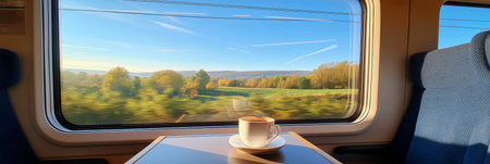 Enjoying a coffee while traveling through scenic autumn countryside seen from a train window. Train journey, European autumn landscape rolling, coffee cupの写真素材