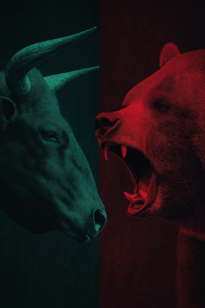 Bull and bear symbols depicting contrasting financial market movements and investment strategies. Bull and bear market financial trends conceptの写真素材