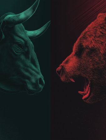 Bull and bear symbols depicting contrasting financial market movements and investment strategies. Bull and bear market financial trends conceptの写真素材