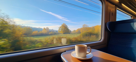 Enjoying a coffee while traveling through scenic autumn countryside seen from a train window. Train journey, European autumn landscape rolling, coffee cupの写真素材