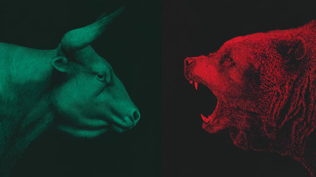 Bull and bear symbols depicting contrasting financial market movements and investment strategies. Bull and bear market financial trends conceptの写真素材