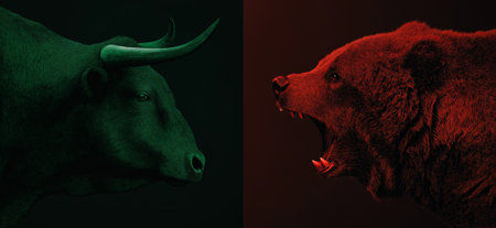 Bull and bear symbols depicting contrasting financial market movements and investment strategies. Bull and bear market financial trends conceptの写真素材