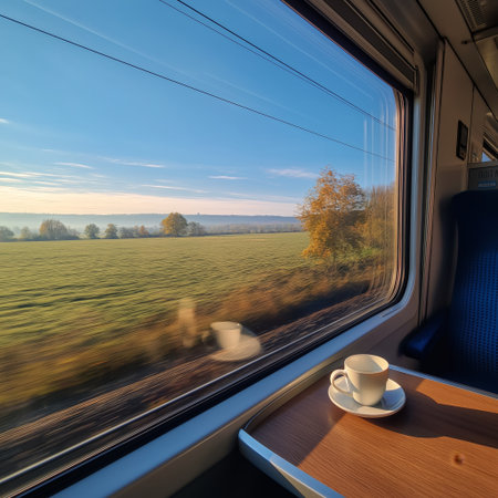 Enjoying a coffee while traveling through scenic autumn countryside seen from a train window. Train journey, European autumn landscape rolling, coffee cupの写真素材