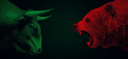 Bull and bear symbols depicting contrasting financial market movements and investment strategies. Bull and bear market financial trends conceptの写真素材