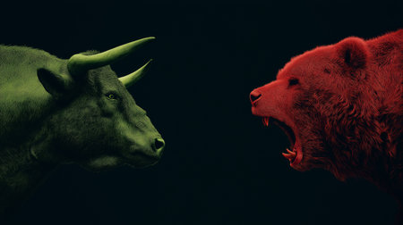 Bull and bear symbols depicting contrasting financial market movements and investment strategies. Bull and bear market financial trends conceptの写真素材