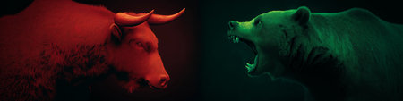 Bull and bear symbols depicting contrasting financial market movements and investment strategies. Bull and bear market financial trends conceptの写真素材