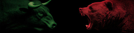 Bull and bear symbols depicting contrasting financial market movements and investment strategies. Bull and bear market financial trends conceptの写真素材