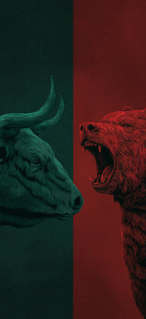 Bull and bear symbols depicting contrasting financial market movements and investment strategies. Bull and bear market financial trends conceptの写真素材