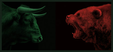 Bull and bear symbols depicting contrasting financial market movements and investment strategies. Bull and bear market financial trends conceptの写真素材