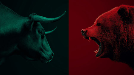 Bull and bear symbols depicting contrasting financial market movements and investment strategies. Bull and bear market financial trends conceptの写真素材