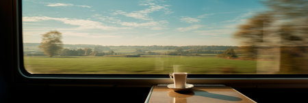 Enjoying a coffee while traveling through scenic autumn countryside seen from a train window. Train journey, European autumn landscape rolling, coffee cupの写真素材