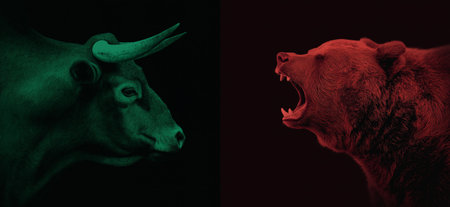 Bull and bear symbols depicting contrasting financial market movements and investment strategies. Bull and bear market financial trends conceptの写真素材