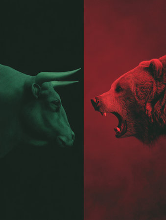 Bull and bear symbols depicting contrasting financial market movements and investment strategies. Bull and bear market financial trends conceptの写真素材