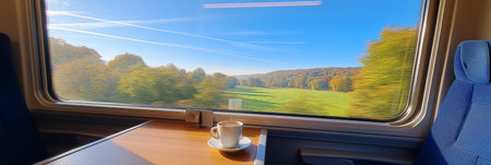 Enjoying a coffee while traveling through scenic autumn countryside seen from a train window. Train journey, European autumn landscape rolling, coffee cupの写真素材
