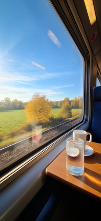 Enjoying a coffee while traveling through scenic autumn countryside seen from a train window. Train journey, European autumn landscape rolling, coffee cupの写真素材