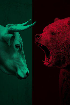 Bull and bear symbols depicting contrasting financial market movements and investment strategies. Bull and bear market financial trends conceptの写真素材