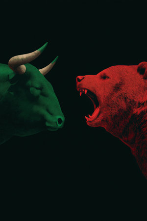 Bull and bear symbols depicting contrasting financial market movements and investment strategies. Bull and bear market financial trends conceptの写真素材