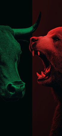 Bull and bear symbols depicting contrasting financial market movements and investment strategies. Bull and bear market financial trends conceptの写真素材