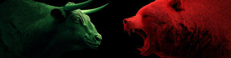 Bull and bear symbols depicting contrasting financial market movements and investment strategies. Bull and bear market financial trends conceptの写真素材