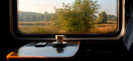Enjoying a coffee while traveling through scenic autumn countryside seen from a train window. Train journey, European autumn landscape rolling, coffee cupの写真素材