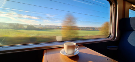 Enjoying a coffee while traveling through scenic autumn countryside seen from a train window. Train journey, European autumn landscape rolling, coffee cupの写真素材