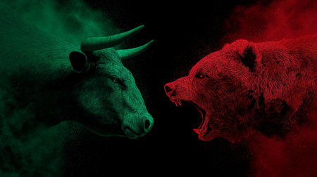 Bull and bear symbols depicting contrasting financial market movements and investment strategies. Bull and bear market financial trends conceptの写真素材
