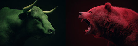 Bull and bear symbols depicting contrasting financial market movements and investment strategies. Bull and bear market financial trends conceptの写真素材