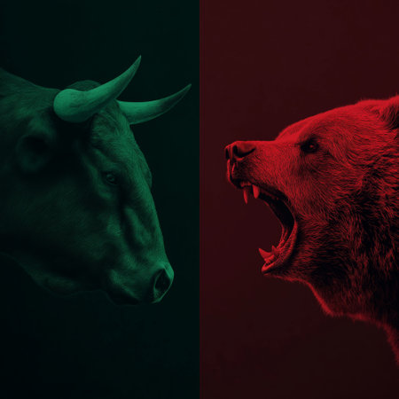 Bull and bear symbols depicting contrasting financial market movements and investment strategies. Bull and bear market financial trends conceptの写真素材