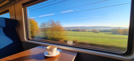 Enjoying a coffee while traveling through scenic autumn countryside seen from a train window. Train journey, European autumn landscape rolling, coffee cupの写真素材