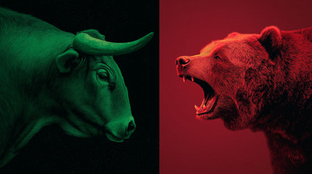 Bull and bear symbols depicting contrasting financial market movements and investment strategies. Bull and bear market financial trends conceptの写真素材