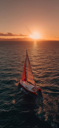 Red sailboat cruising ocean at golden sunset. Sailboat navigating open water, catching warm sunlight during a tranquil evening voyageの写真素材