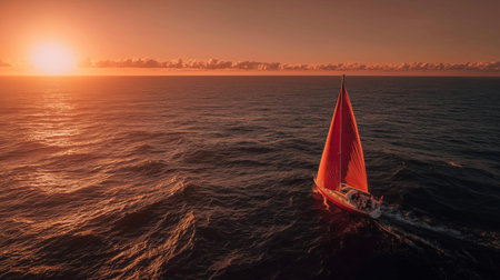 Red sailboat cruising ocean at golden sunset. Sailboat navigating open water, catching warm sunlight during a tranquil evening voyageの写真素材