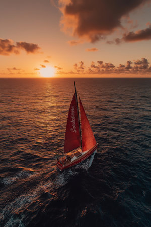 Sailboat cruising ocean at golden sunset. Sailboat navigating open water, catching warm sunlight during a tranquil evening voyageの写真素材