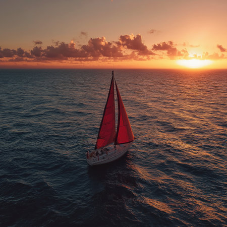 Red sailboat cruising ocean at golden sunset. Sailboat navigating open water, catching warm sunlight...