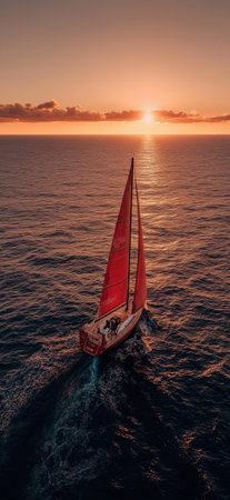 Red sailboat cruising ocean at golden sunset. Sailboat navigating open water, catching warm sunlight...