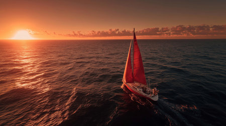 Red sailboat cruising ocean at golden sunset. Sailboat navigating open water, catching warm sunlight during a tranquil evening voyageの写真素材