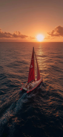 Red sailboat cruising ocean at golden sunset. Sailboat navigating open water, catching warm sunlight during a tranquil evening voyageの写真素材