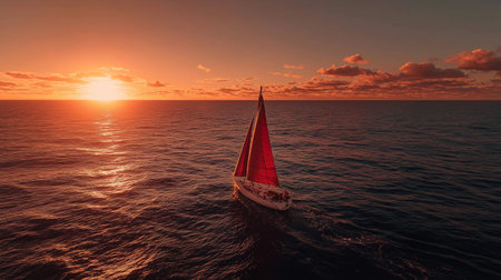 Red sailboat cruising ocean at golden sunset. Sailboat navigating open water, catching warm sunlight during a tranquil evening voyageの写真素材