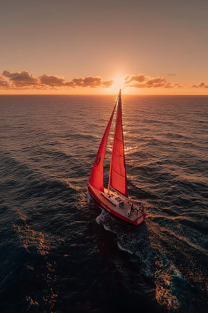 Red sailboat cruising ocean at golden sunset. Sailboat navigating open water, catching warm sunlight during a tranquil evening voyageの写真素材
