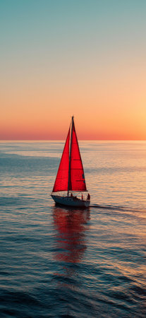 Red sailboat cruising ocean at golden sunset. Sailboat navigating open water, catching warm sunlight during a tranquil evening voyageの写真素材