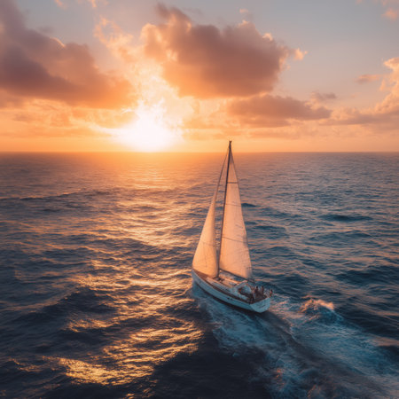 Sailboat cruising at sunset with a couple on board. Sailboat sailing on ocean water during a colorful cloudy sunset creating a romantic moodの写真素材