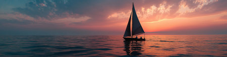 Sailboat cruising at sunset with a couple on board. Sailboat sailing on ocean water during a...